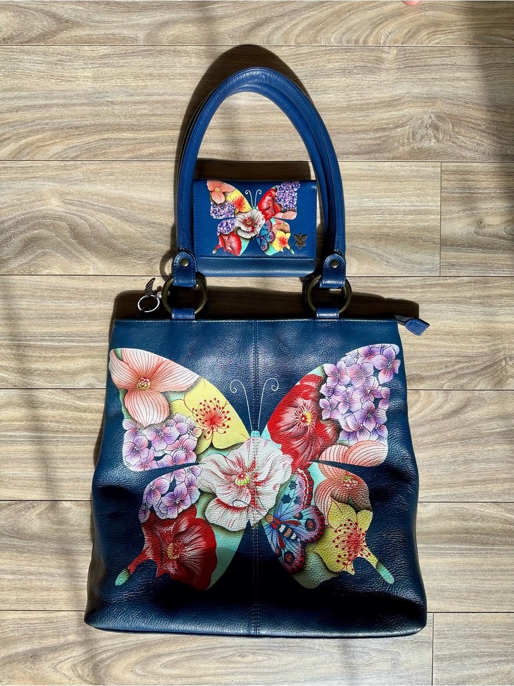 Anuschka Navy Floral & Butterfly Painted Leather Shoulder Bag & Wallet